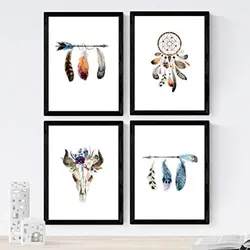 POSTER Set mit 4 bunte Federn und Blumen A4 Rahmenlos