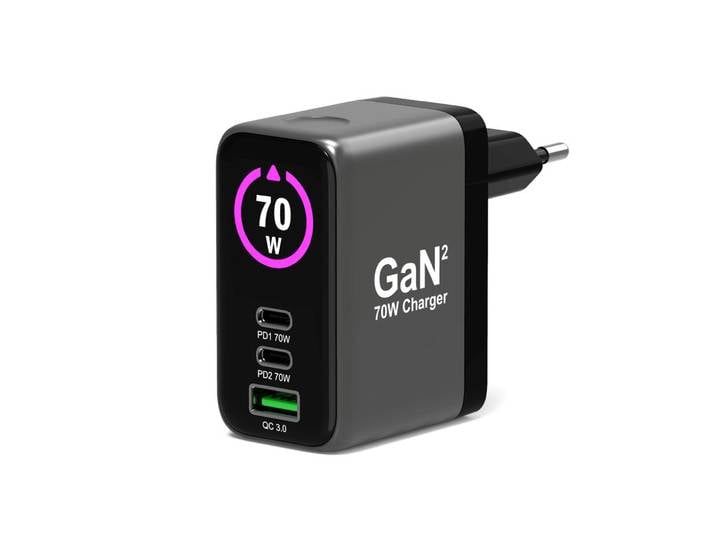 Port Connect Chargeur mural GAN² 70W avec écran - 2x USB-C et 1x USB-A + Câble USB-C / C - Noir