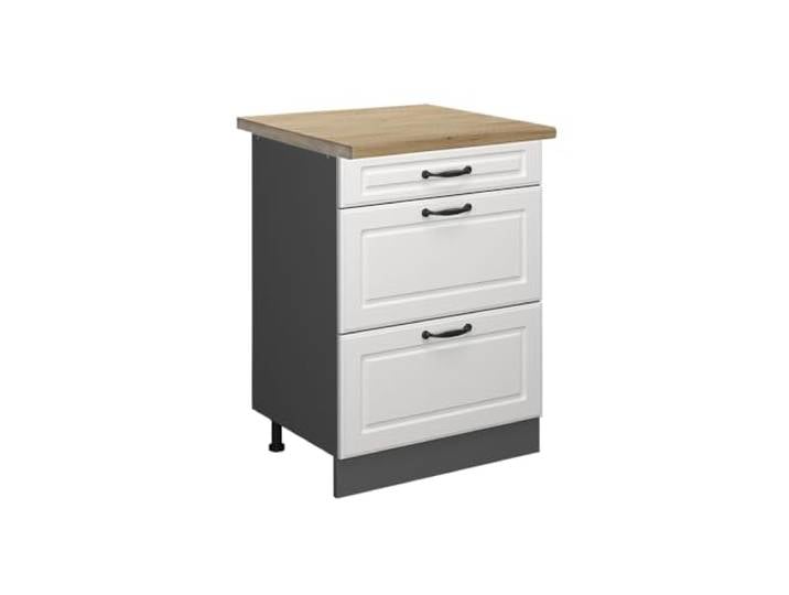 Vicco Küchenunterschrank R-Line, Weiß Landhaus, 60 cm MDF-Front · Arbeitsplatte Eiche · Höhenverst. Füße · Leichter Zugriff · Frei kombinierbar