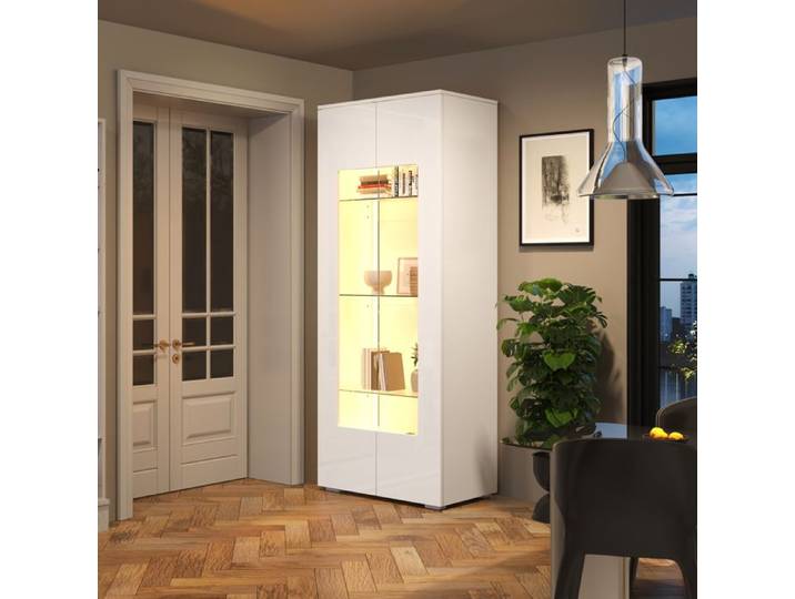 MEUBLIV Vitrine de salon blanche haute brillance avec LED 2 portes acrylique 70 x 40 x 173 cm