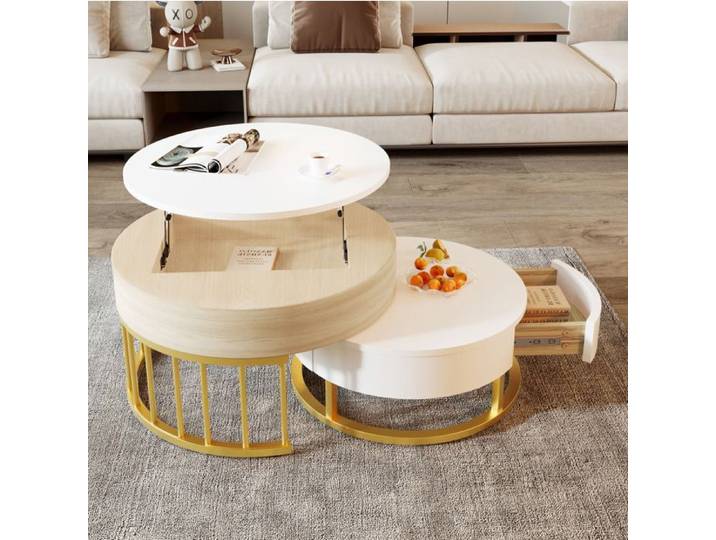 VUENOR Table basse ronde gigogne relevable avec tiroir blanc décor bois et métal doré