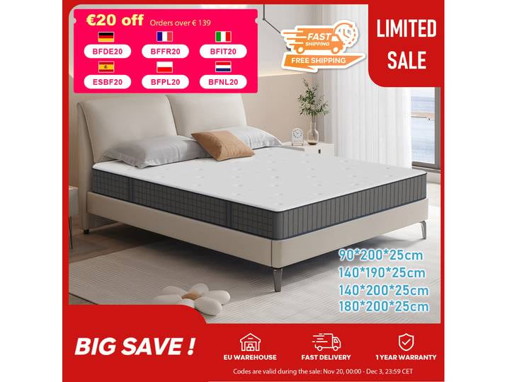 Matelas Premium Ton Bags Spring Core 25cm H3 fixé 4 poignées de transport 90/140/160/180x200 cm