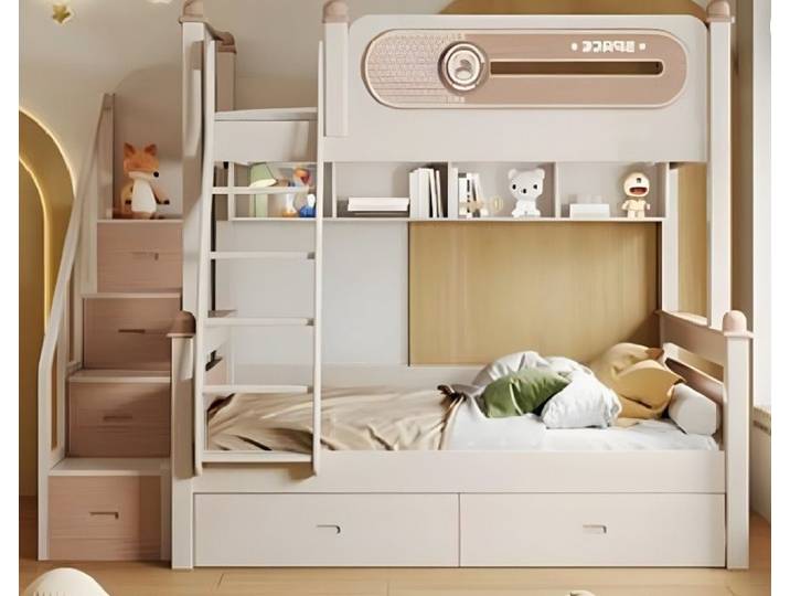 Xlmoebel Etagenbett XLMOEBEL Etagenbett Beige Holz mit Leiter und Stauraum (Etagenbett, 1-St., Etagenbett mit Leiter & Stauraum), Made in Europa