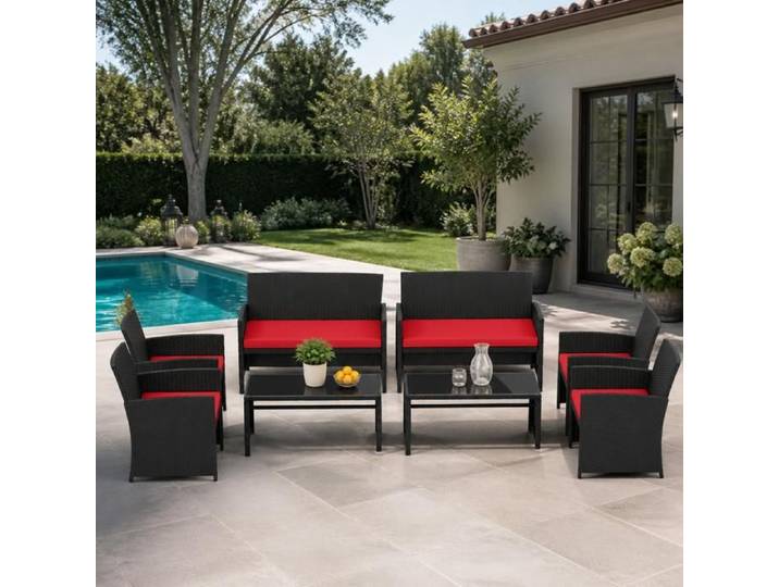 Ensemble salon terrasse 4 pcs - PAGE LIVING - PAGE Living - rouge - rotin imperméable - coussins 8 cm