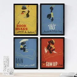 POSTER Set mit 4 JahrgangBibliothek und Bücher A3 Rahmenlos