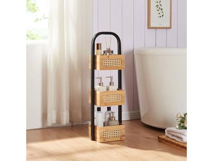[en.casa] Staand rek Tervola badkamerrek bamboe plank met 3 manden 73x23x19 cm badkamermeubel naturel zwart rotan look