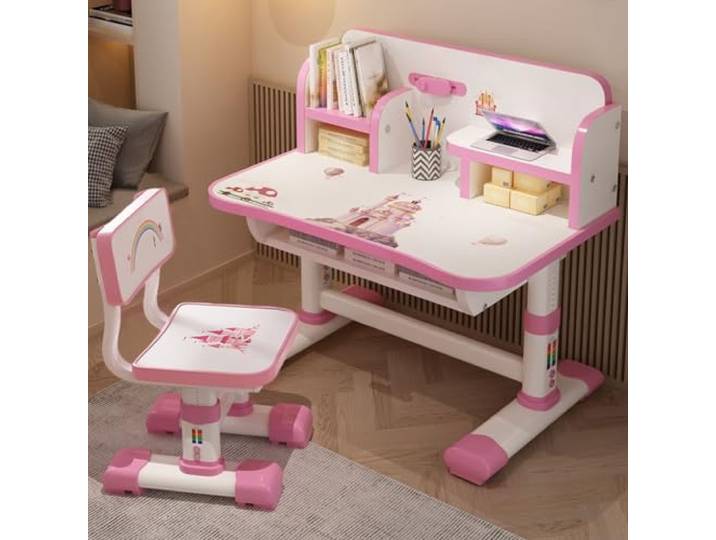 UDIYO Kinderschreibtisch Set mit Bücherständer, Höhenverstellbarer Schreibtisch mit Schubladen, Goldenes Distanzdesign Schreibtisch Kinder für Jungs & Mädchen (Rosa B)