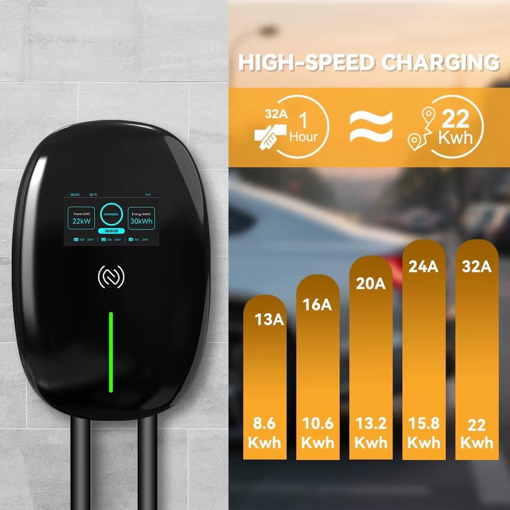 Elektroauto-Ladegerät - EV-Ladestation Typ 2 - 22 kW - 32 A - 3-phasiger AC-Lader - WLAN und App-Steuerung - 5-m-Kabel - IP65