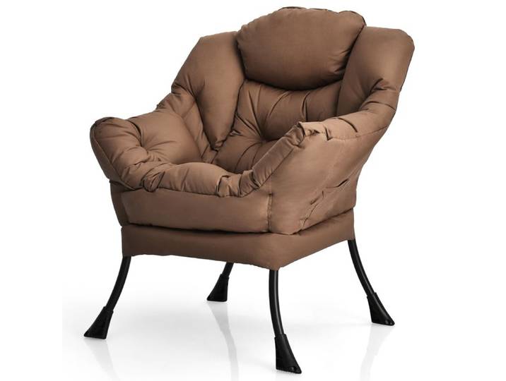 COSTWAY Fauteuil Rembourré Paresseuse Moderne en Tissu Polyester - Cadre Métallique - Accoudoirs et Poche Latérale Marron