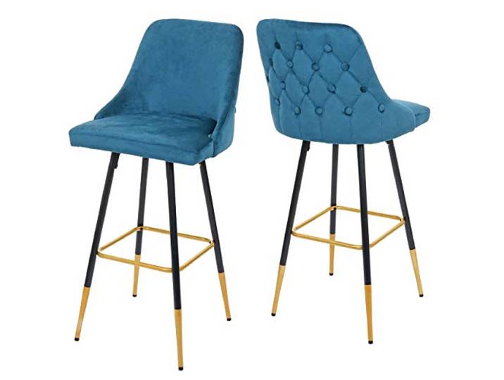 Mendler 2er-Set Barhocker HWC-E70 Retro Design Samt - Petrol-blau