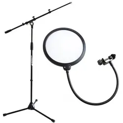 keepdrum Mikrofonständer Schwarz mit Popschutz Weiss, Mikrofonständer, Schwarz