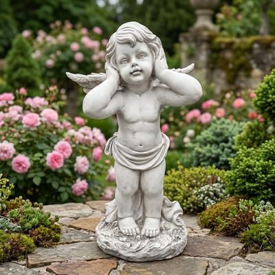 Kodotan sofa Winged Angel Covering Her Ears Resin Ornament, Outdoor Garden Sculpture, Suitable For Lawns, Patios, And Courtyard Decoration