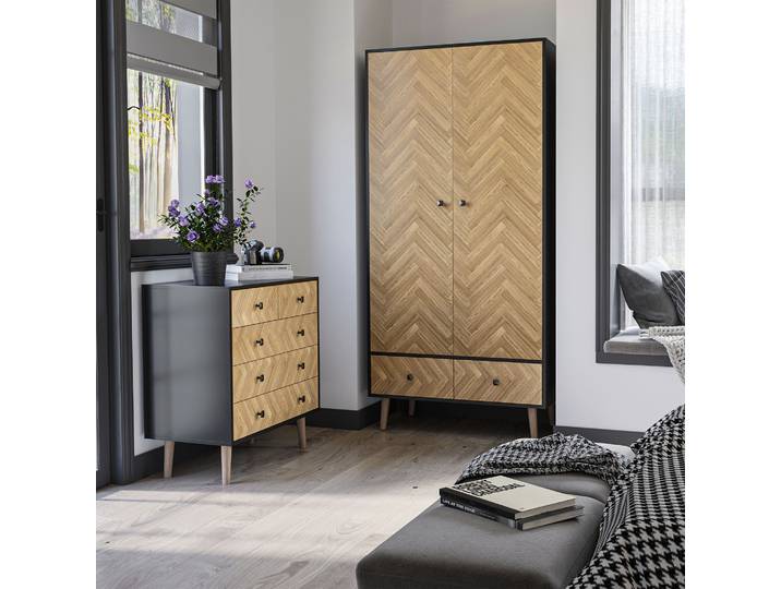 HOMCOM Commode 5 Tiroirs Scandinave Gris/Chêne Clair