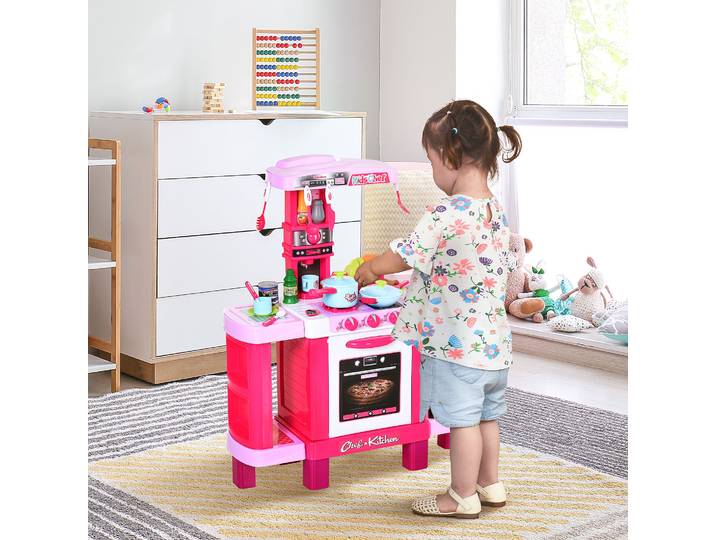 HOMCOM Cuisine Enfant Rose avec Sons, Lumières et 38 Accessoires