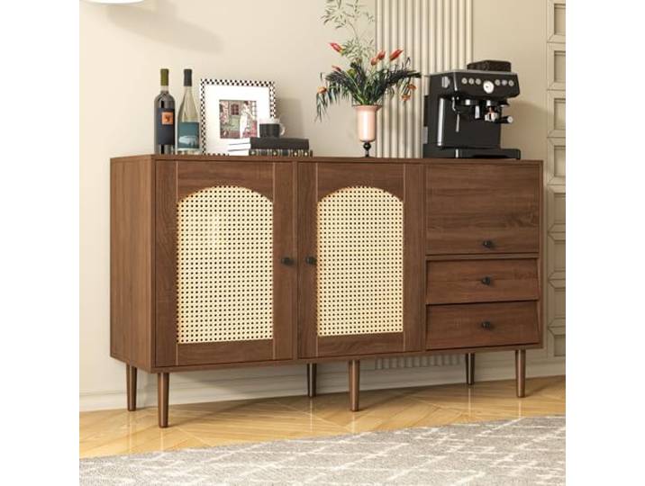 OLIVIBED Rattan Sideboard, Kommode mit 3 Schubladen und 2 Rattan-Türen, Anrichte mit Verstellbaren Regalen und Beinen, Buffetschrank für Wohnzimmer, Esszimmer & Schlafzimmer, 130x40x75.5cm, Holzfarbe