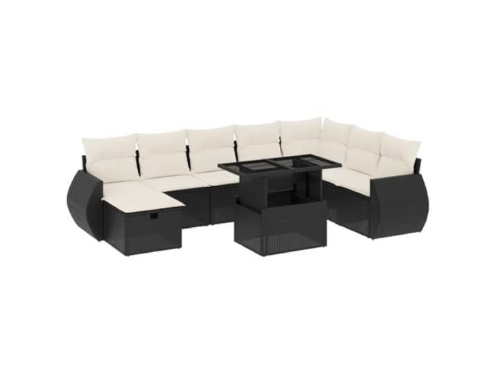 KTHLBRH Gartenmöbel-Set 9-teilig mit schwarzen Kissen aus Polyrattan Ecksofa, PE-Rattan, pulverbeschichteter Stahl, Tischplatte aus gehärtetem Glas, verstellbarer Tisch, abnehmbare Kissen,