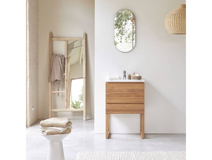 Badezimmerschrank Edgar aus massivem Teakholz und Keramik 60 cm - Natur