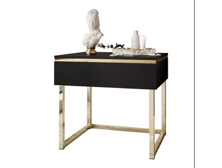 Lookway Nachttisch Aurora Schwarz Matt mit Goldener Dekorativer Leiste auf Goldenem Gestell Modern Luxuriös Nachtkommode Schlafzimmermöbel
