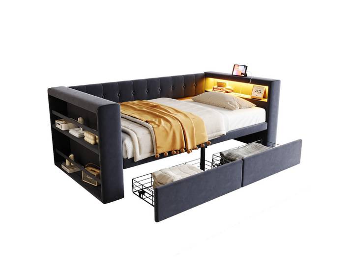 Flieks Polsterbett 90x190 Dunkelgrau LED Stauraum, 90x190 cm, Schlafzimmer, Betten, Polsterbetten
