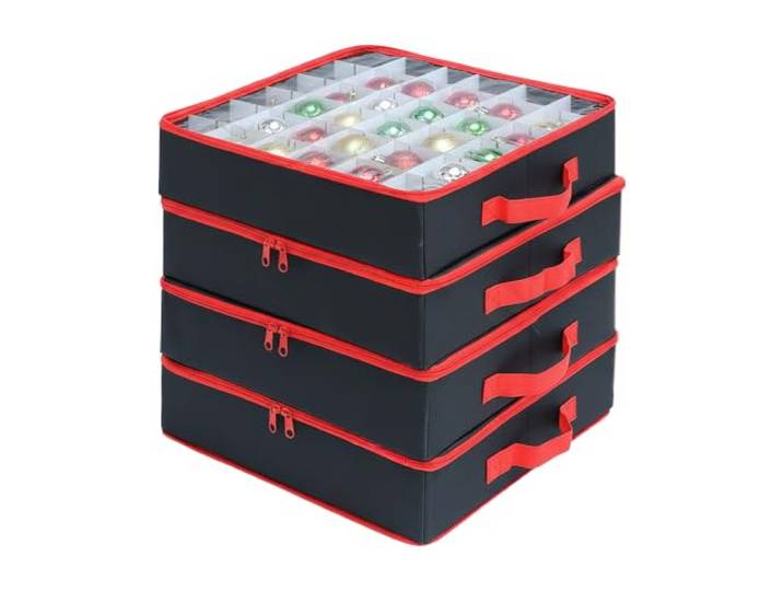 Relaxdays boîte de rangement boules de Noël\, set 4 boîtes (16 boules chacune)\, 9x34x34 cm\, polyester/carton\, noir/rouge
