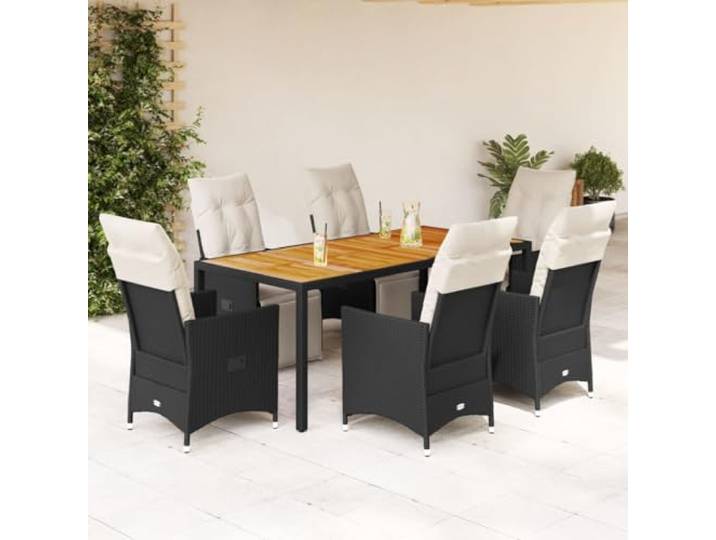 HEFZGDB 7-TLG. Garten-Essgruppe mit Kissen Schwarz Poly Rattan, Outdoor Esstischgruppe mit verstellbaren Liegen und Akazienholz Tischplatte, pflegeleichtes PE Rattan Set für Terrasse
