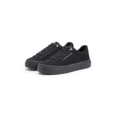 Plateausneaker TOMMY HILFIGER "TH FOXING PLATFORM CANVAS", Damen, Gr. 41, Textil, schwarz, unifarben, Basic, Schuhe Plateausneaker, Freizeitschuh, Schnürschuh, Halbschuh mit Schaftrand-Polsterung
