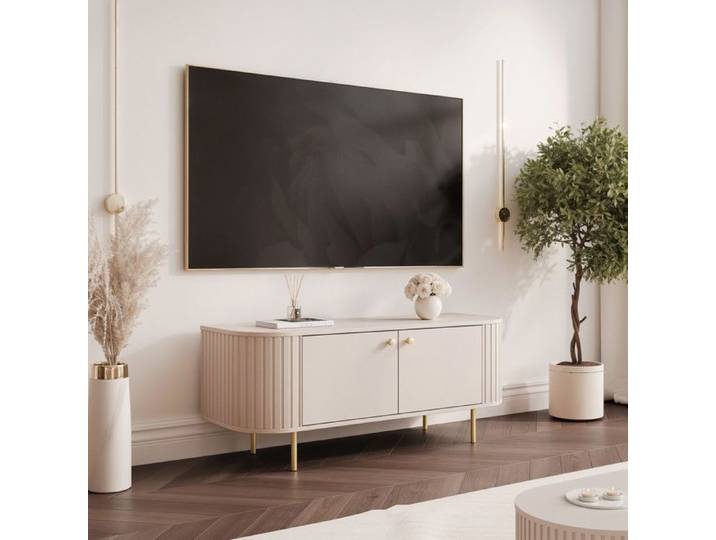 Meuble TV 123 cm OVALINE - 2 tiroirs - pieds en métal - 123x42x50 cm - Beige