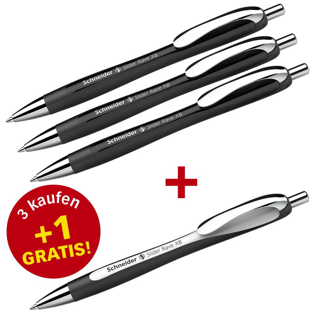 Schneider Slider Rave XB schwarz Kugelschreiber 0.7 mm, Schreibfarbe: Blau, 3 St. + GRATIS 1 Slider Rave XB 132584