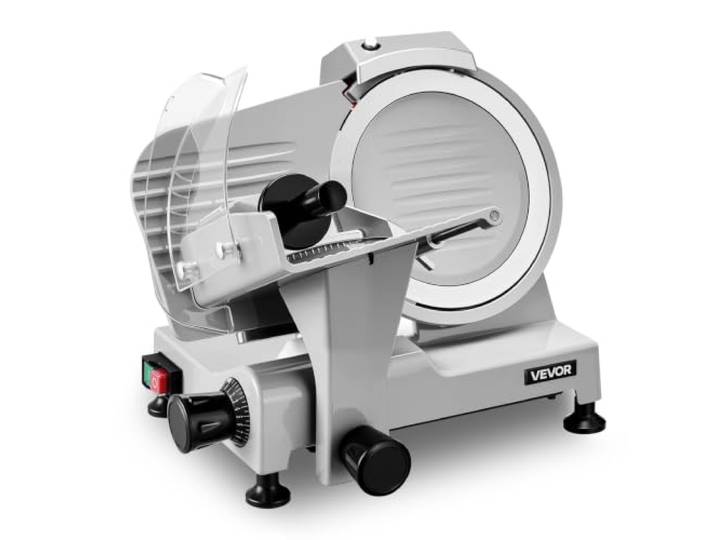 VEVOR Fleischschneidemaschine 300 W 0-12 mm Elektrischer Allesschneider für Restaurants Metzgereien Cafeterias und Küchen, mit 300-450 U/min, Messerschärfer, Klingenschutz und Fingerschutzring