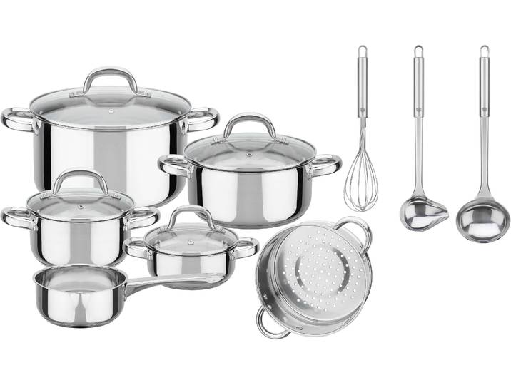 Topf-Set GSW Montreal , silber (silberfarben), L:8,5cm, Töpfe, Topf-Set, inkl. aller Kochutensilien, die eine Haushaltsküche benötigt Induktion