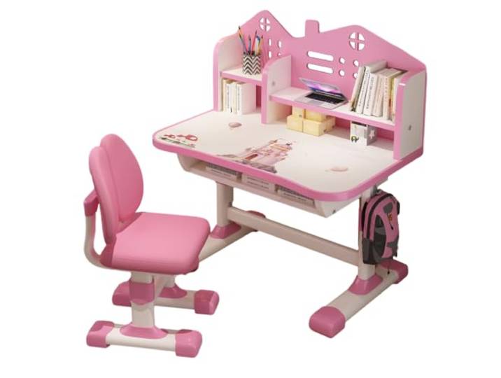 Fiauli Kinderschreibtisch-Stuhl-Set, höhenverstellbar mit Schublade Langlebige MDF-Platte und Metallrahmen, ergonomisches Design für Kinder, ideal für das Home-Schooling Rosa 7