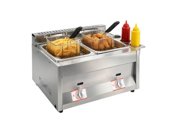 Gasfritteuse Doppelfritteuse 2x6L Gewerbliche Fritteuse Edelstahl Gastro 2 unabhängige Becken mit Einzeltemperaturregelung, 50-380 °C und LPG Betrieb für Imbiss, Foodtruck und Küche