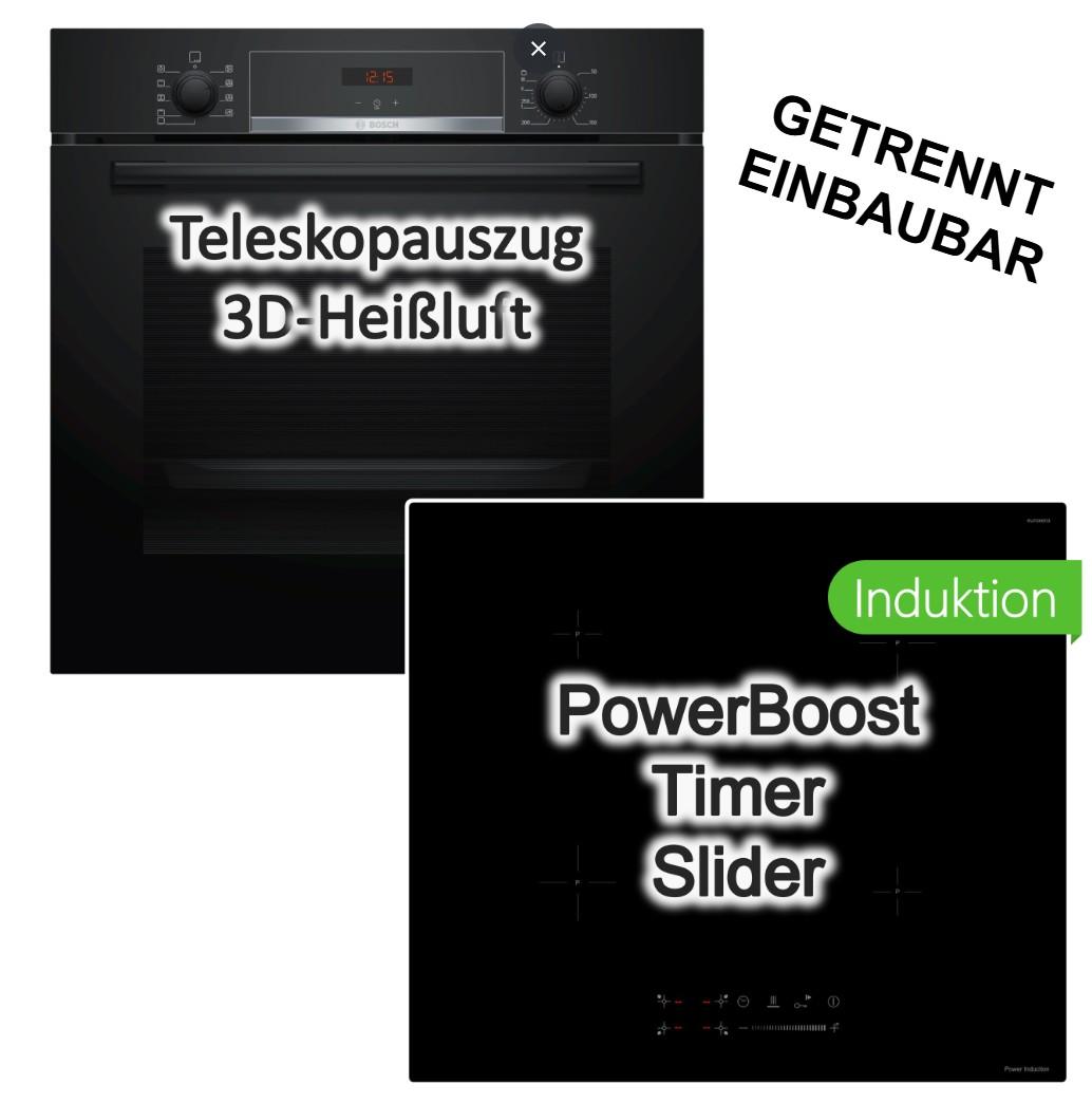 Herdset Bosch Einbau Backofen Hydrolyse Teleskopauszug 3D Heißluft + keenberk Induktionskochfeld Booster Touch-Slider