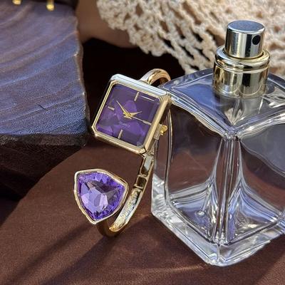 Inspire Select Glamour Gem Square Open Bracelet Women's Quartz Watch purple