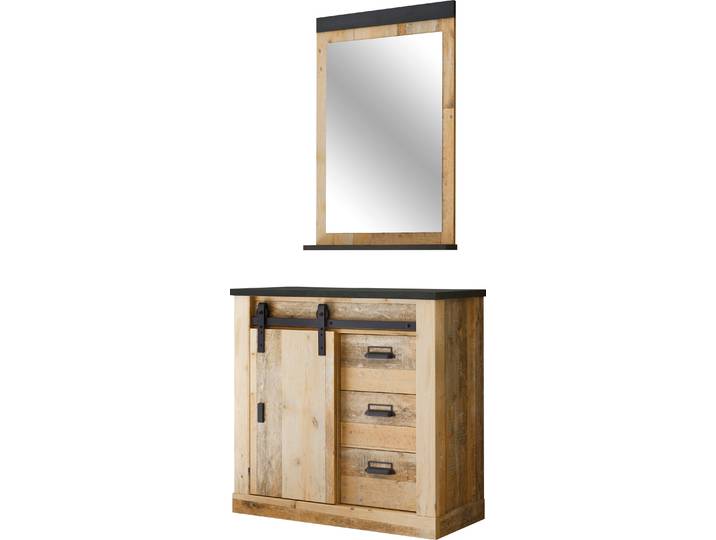 Garderoben-Set HOME AFFAIRE Sherwood, Garderobe im Industrial-Style, Komplettset mit viel Stauraum , braun (old style hell dekor), B:93cm H:200cm T:43cm, Kastenmöbel-Sets, Garderoben-Set, enthält Kommode und Spiegel, Scheunentorbeschlag & Apothekergriff