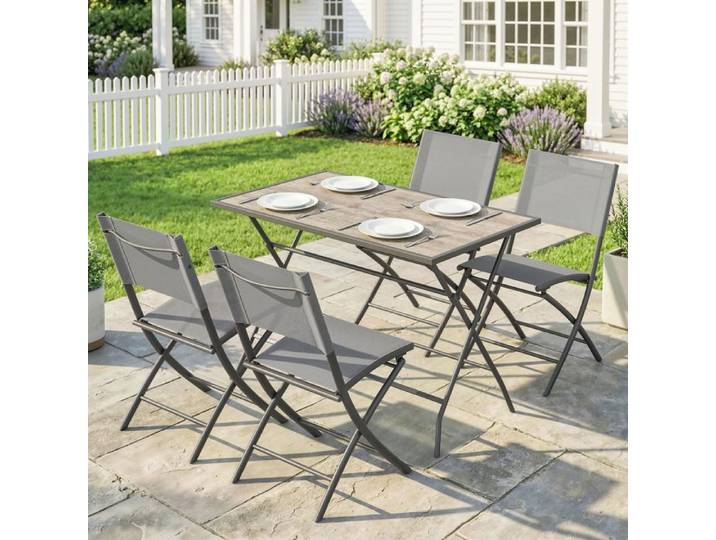 Ensemble pliable 5 pièces style bois : 1 table + 4 chaises respirantes design compact
