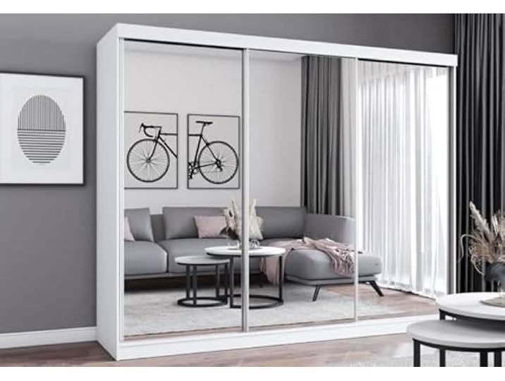 Easy4You MN Weiß Schiebetürenschrank Kleiderschrank 250x215x62 cm mit Spiegel - Schlafzimmermöbel, Aufbewahrung – Mehrzweckschrank mit 3 Kleiderstangen und 3 Schubladen
