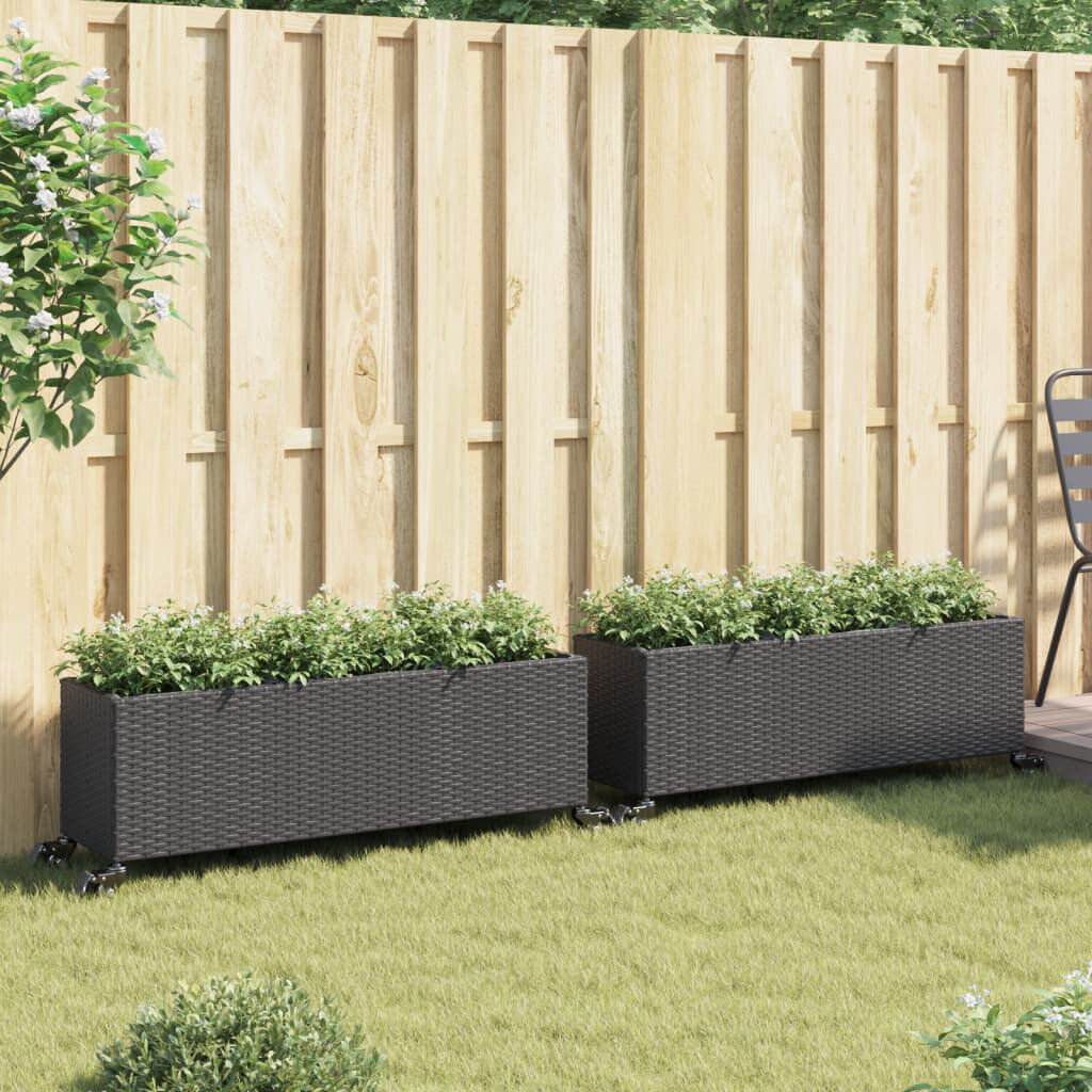 Bloomsbury Market Garden Planters With Wheels 2 Pcs 107X32x38 Cm Poly Rattan Black 38cm H X 107cm W X 32cm D