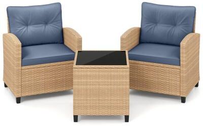 Costway 3 Pieces Patio Furniture Set with Tempered Glass Coffee Table-Tanandgray