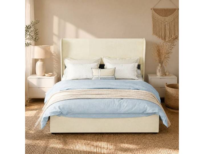 Lit coffre - ZEVKOR - 140x200 - Tête rembourrée - Rangement à vérin à gaz - Tissu beige