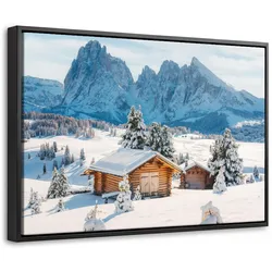 LEINWAND Bilder mit Rahmen - Winter - Hütte - Berge - Aussicht - Schnee - 60x40