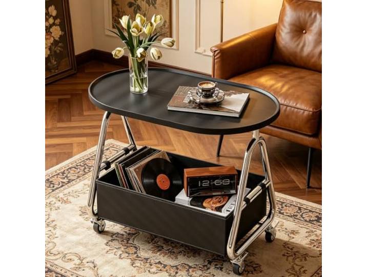 EBOYNSowAprr Designer gebogener ovaler mobiler Beistelltisch Couchtisch Handgefertigte mehrschichtige Massivholzplatte, Massivholzplatte & luxuriöser kratzfester Lederrahmen(Black)