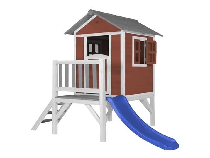 AXI Beach Lodge XL Spielhaus aus Holz in Rot mit Blauer Rutsche Kleiner Spielturm, Stelzenhaus mit Veranda & Rutsche für Kinder, FSC Holz, Podesthöhe 57 cm
