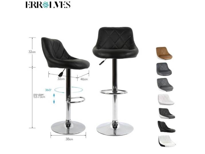 Tabouret de bar - ERROLVES - Lot de 2 - Siège rembourré - Hauteur réglable - Noir