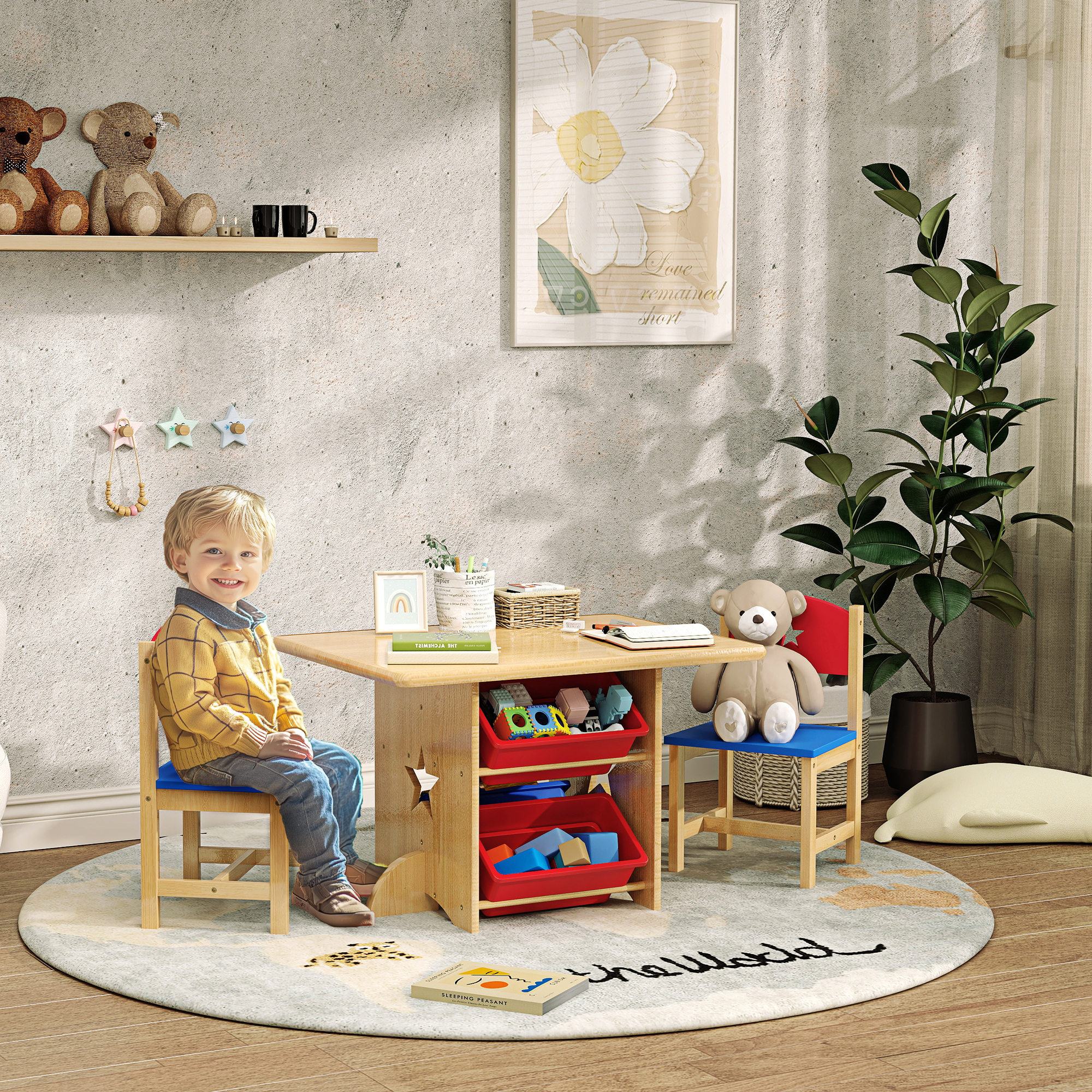 Aiyaplay Set Tavolo e Sedie per Bambini 3-7 Anni con 2 Sedie e Tavolo con 4 Contenitori, in Legno e PP, color Legno