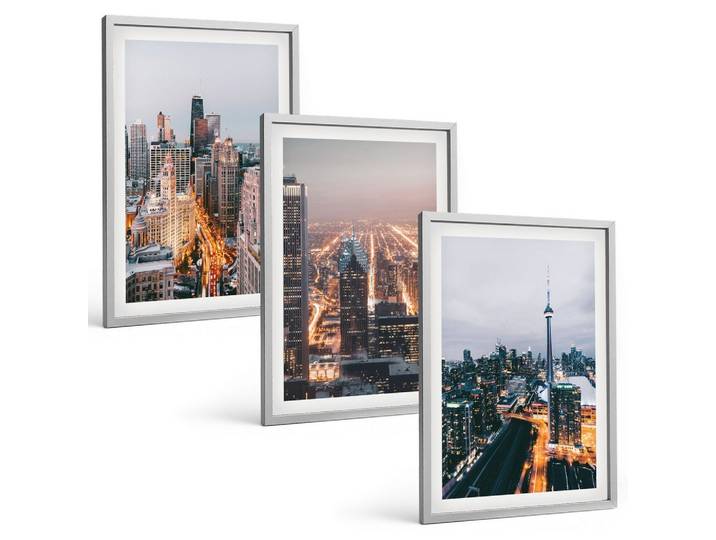 BILDER SET 3er Set - 40x60 cm Silberner Rahmen - Städte bei Nacht, Wolkenkratzer, Lichter