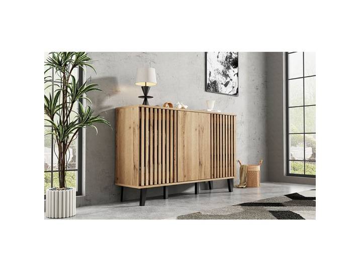 ROVRYN Buffet bas 3 portes 150 x 40 x 95 cm 6 compartiments aspect bois naturel et pieds noirs