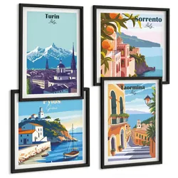 BILDER SET 4er Set - 50x50 cm & 40x60 cm Schwarzer Rahmen - Farbenfrohe Illustrationen von Retro-Städten
