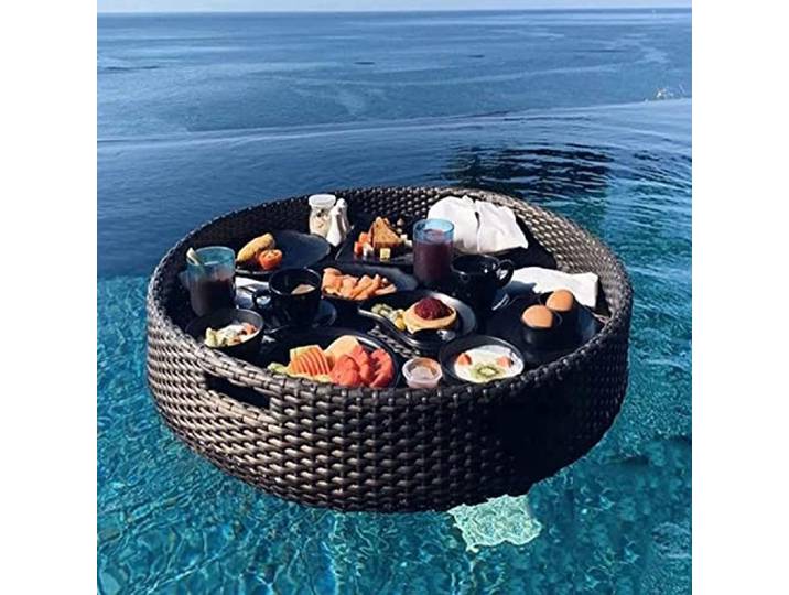 Schwimmendes Rattan-Tablett für Pool und Strand - Ovales Serviertablett für Frühstück im Außenpool - Schwarz, 60x20cm