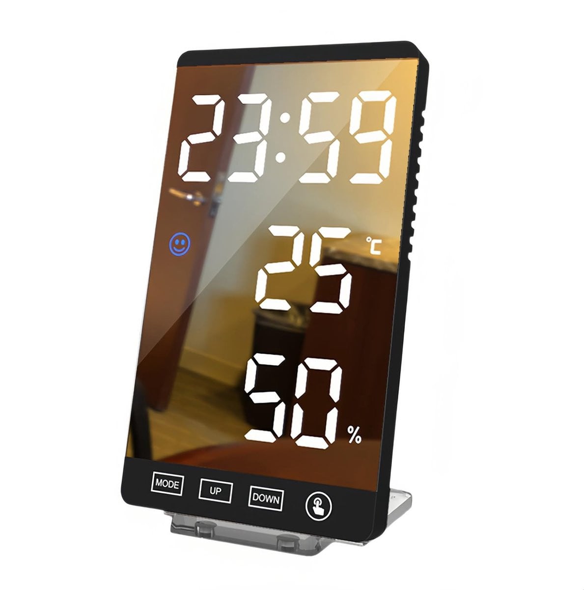 Digitale spiegelwekker met thermo-hygrometer en snooze functie